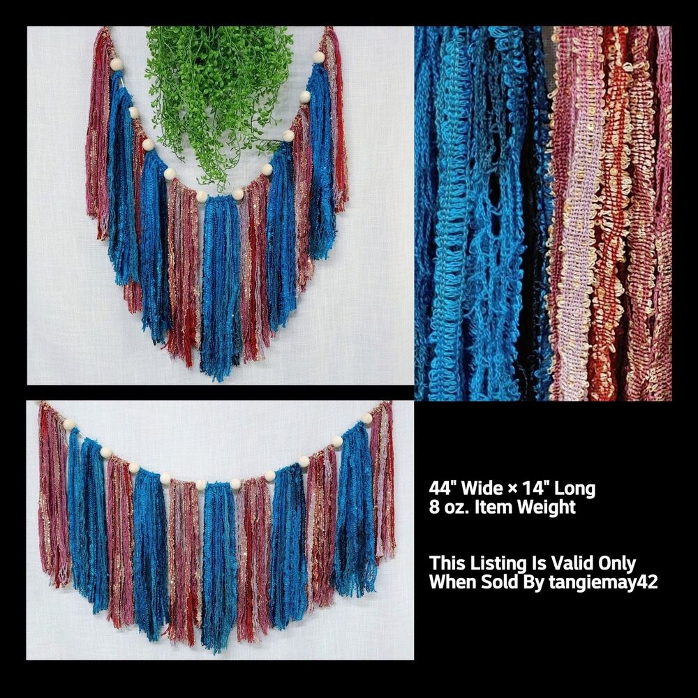 NEW Boho Garland Wooden Beaded Lace Sequin Ribbon Blue Pink Mauve Wall Decor